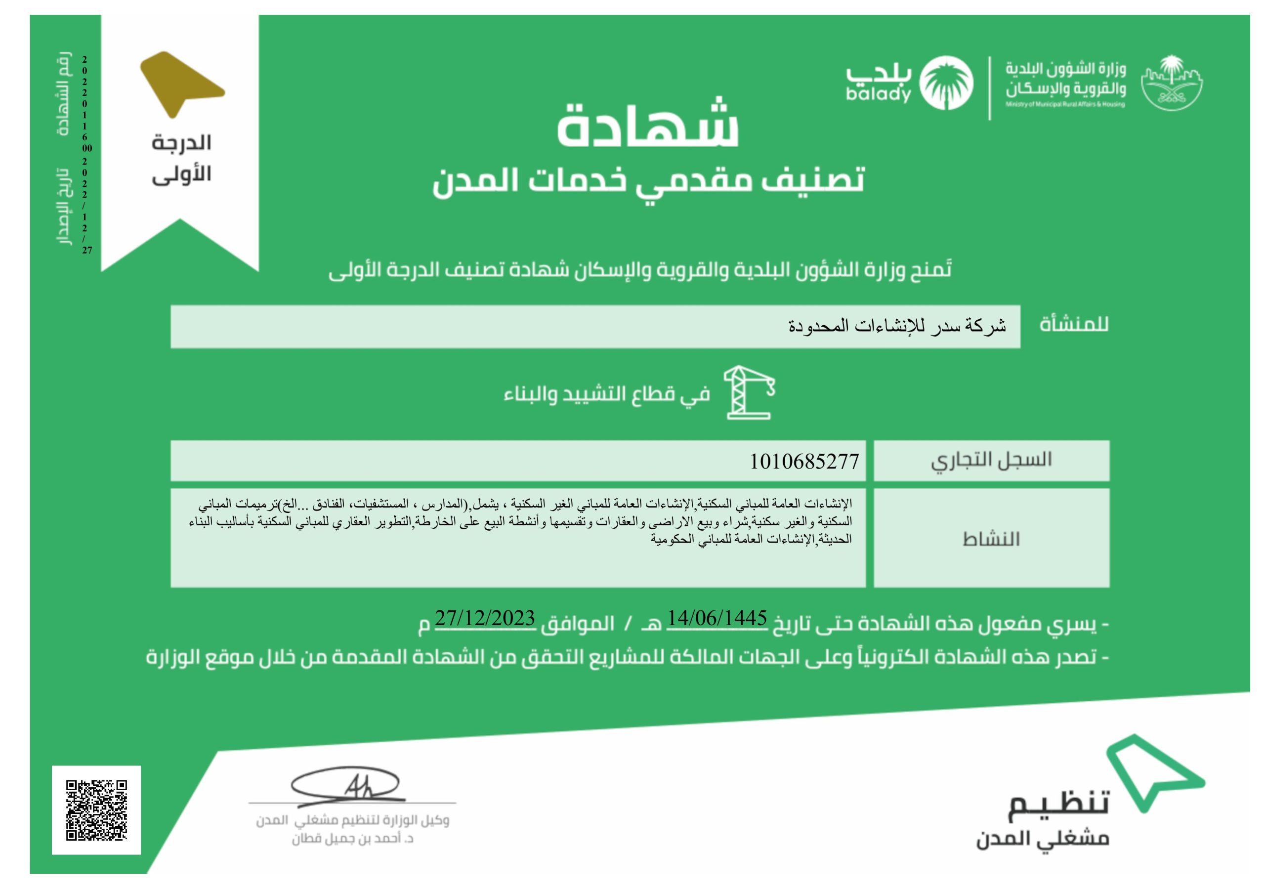 City service providers classification certificate WP